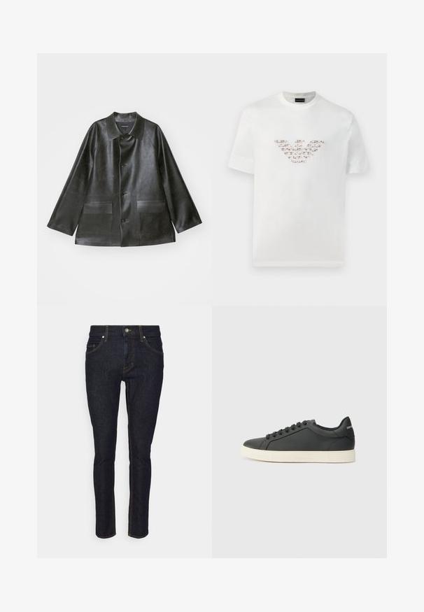 Emporio Armani CABAN - Veste en similicuir - lavagna; T-shirt blanc en coton à manches courtes et col rond. Présente un logo central dans des nuances de rose et de marron.; Jean en denim bleu foncé avec une coupe ajustée, cinq poches et des coutures jaunes contrastées le long des coutures. Style droit classique.; Baskets en cuir noir avec un profil bas, bout rond et fermeture lacée ; elles présentent une semelle en caoutchouc texturée et un détail de logo au niveau du talon.