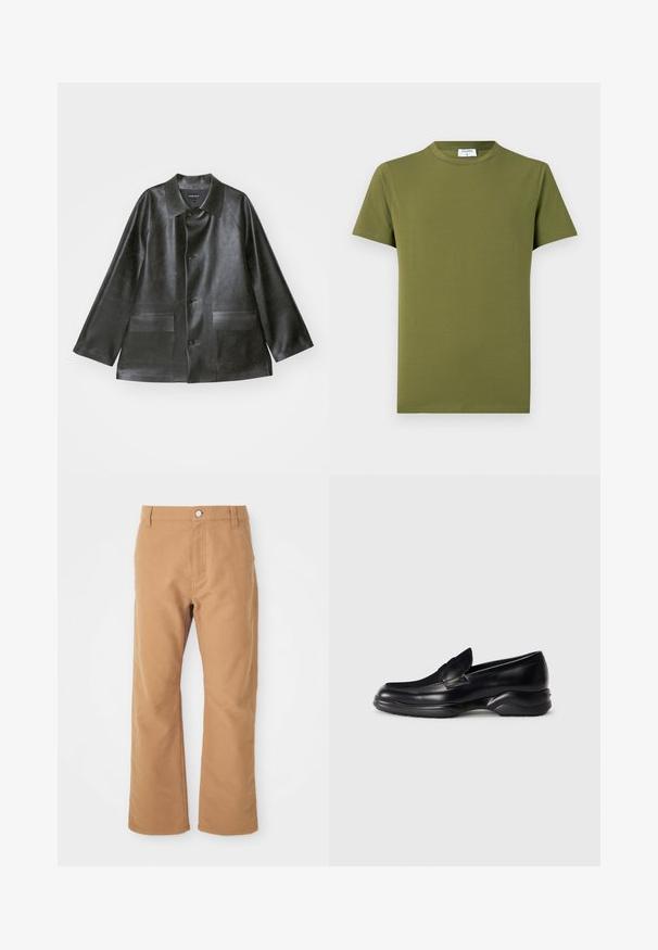 Emporio Armani CABAN - Faux leather jacket - lavagna; Olive green short-sleeve t-shirt made of soft, smooth fabric. Classic crew neckline, clean lines, and no visible patterns or accents.; Brown cotton pants with a straight leg design, featuring a single button closure and subtle stitching for added detail.; Black leather loafers with a low, textured rubber sole and a stitched design on the upper. Features a rounded toe and minimal embellishments.