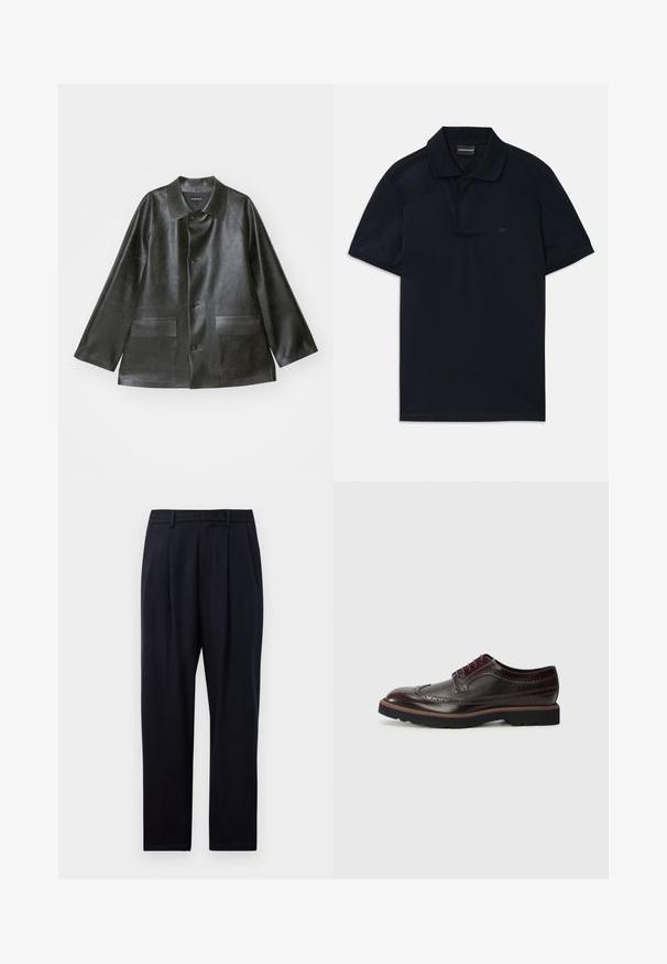 Emporio Armani CABAN - Giacca in similpelle - lavagna; Polo shirt blu navy a maniche corte con colletto e logo sottile sul lato sinistro del petto, disteso su sfondo bianco.; Pantaloni blu navy a gamba dritta, realizzati in un tessuto testurizzato, con due pieghe frontali, passanti per la cintura e chiusura con zip.; Brogue in pelle marrone con dettagli perforati, punta rotonda, accenti in tessuto e suola in gomma nera con bordo colorato.