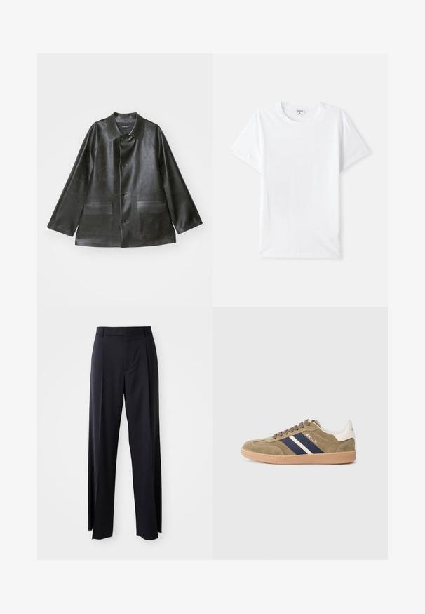 Emporio Armani CABAN - Faux leather jacket - lavagna; White cotton t-shirt, crew neckline, short sleeves, smooth texture, no patterns or accents, simple design, standard fit.; Black, high-waisted trousers with a wide-leg cut, made of smooth fabric. Features front pleats and belt loops. Minimalistic design, no visible hardware.; Olive suede sneaker with navy and white stripes, beige rubber sole, round toe, and lace-up front. Brand name "BALLY" on the side.