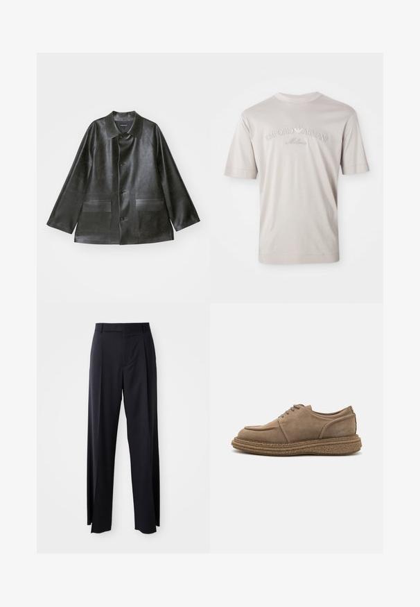 Emporio Armani CABAN - Bunda z umělé kůže - lavagna; Světle béžové tričko s krátkým rukávem vyrobené z měkkého materiálu, s vyšívaným logem "Emporio Armani Milano" v mírně tmavším odstínu.; Černé kalhoty s vysokým pasem a širokým střihem, vyrobené z hladké látky. Mají přední sklady a poutka na opasek. Minimalistický design, bez viditelného kovového hardwaru.; Hnědé velurové šněrovací boty s kulatou špičkou, texturovanou korkovou podrážkou a mírně zdviženým podpatkem. Na stranách jednoduché švy.