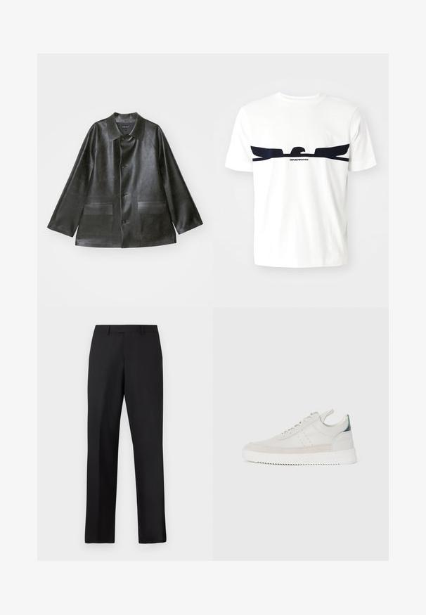 Emporio Armani CABAN - Faux leather jacket - lavagna; White cotton t-shirt featuring a navy blue eagle graphic and "EMPORIO ARMANI" text below the design. Short sleeves and a crew neck.; Black, straight-leg trousers made of smooth fabric. Features a standard waistband and no visible patterns or accents.; White leather sneakers with gray suede accents, lace-up design, pull tab, and textured rubber sole featuring a zigzag pattern.