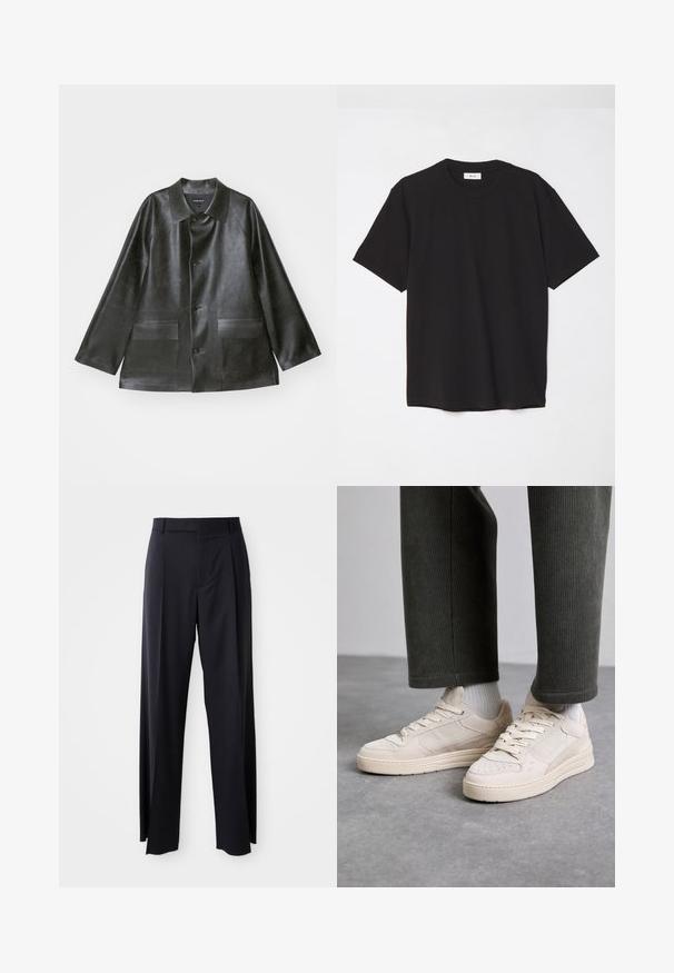 Emporio Armani CABAN - Kunstnahast jakk - lavagna; Must must t-särk, millel on ümmargune kaelus, lühikesed varrukad ja lõdva soe. Lihtne disain, sile tekstuur ja nähtamatud mustrid või logod.; Mustad, kõrge vöökohtaga püksid laia säärte lõikega, valmistatud siledast kangast. Omab ees plekke ja vöörihmade jaoks silmuseid. Minimalistlik disain, nähtavat riistvara pole.; Beige suudpüksid, mis on valmistatud nahast ja võrgust, funktsionaalsed perforatsiooni aktsendid, lame sisetald ja paks tald. Kanti koos roheliste puuvillapükstega.