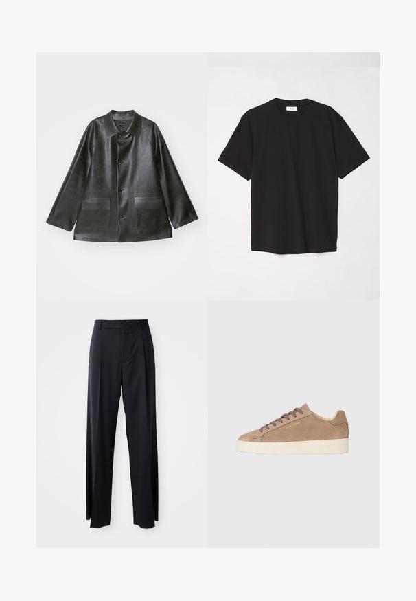 Emporio Armani CABAN - Faux leather jacket - lavagna; Black cotton t-shirt with a crew neck, short sleeves, and a relaxed fit. Simple design, smooth texture, and no visible patterns or logos.; Black, high-waisted trousers with a wide-leg cut, made of smooth fabric. Features front pleats and belt loops. Minimalistic design, no visible hardware.; Beige suede sneaker with a round toe, cream rubber sole, and brown laces. Features embossed brand logo on the side and textured material.