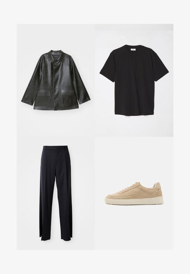 Emporio Armani CABAN - Faux leather jacket - lavagna; Black cotton t-shirt with a crew neck, short sleeves, and a relaxed fit. Simple design, smooth texture, and no visible patterns or logos.; Black, high-waisted trousers with a wide-leg cut, made of smooth fabric. Features front pleats and belt loops. Minimalistic design, no visible hardware.; Beige suede sneaker with a rounded toe, lace-up front, and a textured white rubber sole. Features subtle stitching and brand logo at the heel.