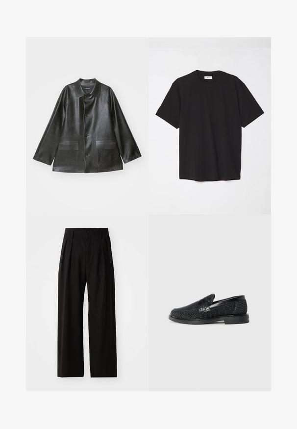 Emporio Armani CABAN - Imitatieleren jas - lavagna; Zwarte katoenen t-shirt met een ronde hals, korte mouwen en een ontspannen pasvorm. Eenvoudig ontwerp, gladde textuur en geen zichtbare patronen of logo's.; Zwarte wijde broek met een gladde textuur, voorzien van twee voorklokken, een knoopsluiting en zijzakken. Duurzaam materiaal.; Zwartegeweven instap schoenen met een glad leren accent aan de bovenkant, een ronde neusontwerp en een laag profiel rubberen zool.