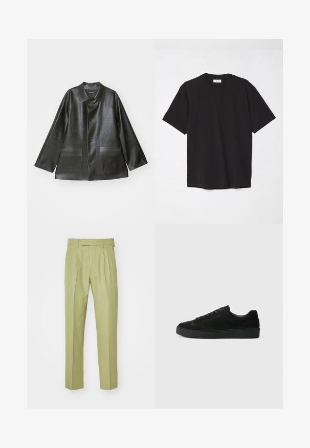 Emporio Armani CABAN - Jachetă din imitație de piele - lavagna; Tricou negru din bumbac, cu guler rotund, mâneci scurte și o croială lejeră. Design simplu, textură netedă și fără modele sau logo-uri vizibile.; Pantaloni verzi deschisi, dintr-un material moale, cu talie înaltă, plisuri duble și picioare drepte cu un finisaj îngrijit.; Adidași din suede negru cu o talpă plată, texturată, vârf rotunjit, șase gauri pentru șireturi și un design minimalist.