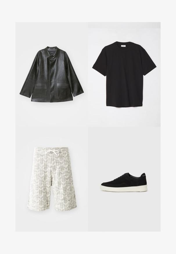 Emporio Armani CABAN - Veste en similicuir - lavagna; T-shirt en coton noir avec un col ras du cou, des manches courtes et une coupe décontractée. Design simple, texture lisse, sans motifs ni logos visibles.; Shorts légers en tissu tissé, avec un motif géométrique gris et blanc, une taille élastique avec cordon de serrage et une coupe ample.; Baskets en daim noir avec un design à lacets et une semelle en caoutchouc blanc contrastant. Comprend des panneaux latéraux texturés et un logo subtil sur le talon.