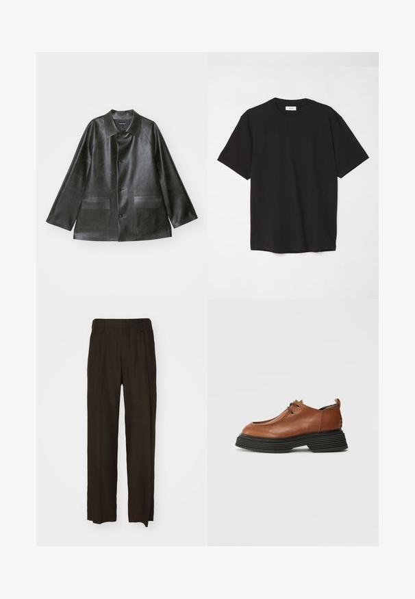 Emporio Armani CABAN - Imiteret læderjakke - lavagna; Sort bomulds T-shirt med rund hals, korte ærmer og en afslappet pasform. Enkel design, glat tekstur og ingen synlige mønstre eller logoer.; Brune, brede bukser i et tekstureret stof med høj talje og frontfolder. Lige ben med rene, afsluttede sømme.; Brun lædersko med en rund tå, snørebåndsdesign og en tyk sort lagdelt sål. Kendt for sin strukturerede silhuet og tekstur.