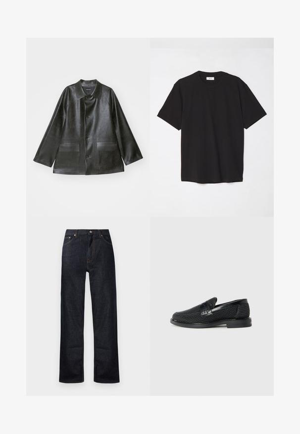 Emporio Armani CABAN - Bunda z umělé kůže - lavagna; Černé bavlněné tričko s kulatým výstřihem, krátkými rukávy a volným střihem. Jednoduchý design, hladká textura a žádné viditelné vzory či loga.; Tmavě modré denimové džíny se rovnými nohavicemi, pěti kapsami a oranžovým prošitím. Kovová knoflíková a zipová spona.; Černé pletené nazouvací boty s hladkým koženým akcentem na svršku, kulatou špičkou a nízkoprofilovou gumovou podrážkou.