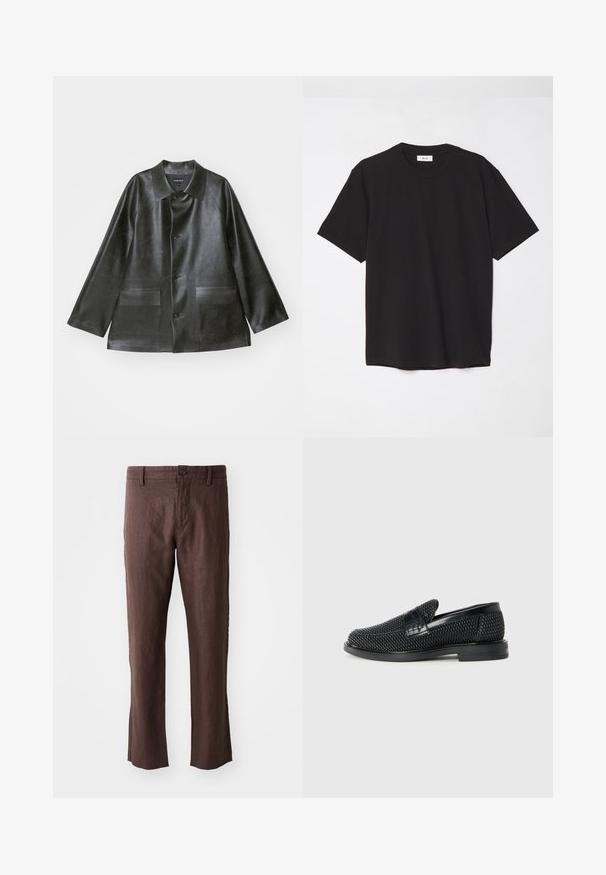 Emporio Armani CABAN - Chaqueta de cuero sintético - lavagna; Camiseta de algodón negra con cuello redondo, mangas cortas y un corte relajado. Diseño simple, textura suave y sin patrones o logotipos visibles.; Pantalones de lino marrón con una textura suave, que presentan un corte recto, bolsillos frontales, trabillas para cinturón y un cierre de botón simple en la cintura.; Zapato negro de tejido con un acento de cuero suave en la parte superior, diseño de punta redonda y suela de goma de perfil bajo.