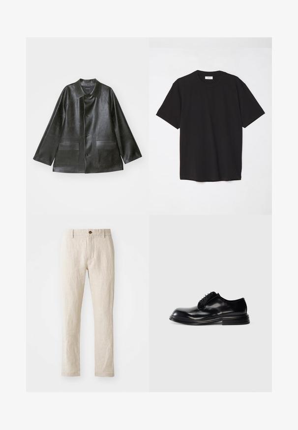 Emporio Armani - Kurtka ze skóry ekologicznej; Czarna bawełniana koszulka z okrągłym dekoltem, krótkimi rękawami i luźnym krojem. Prosty fason, gładka tekstura, brak widocznych wzorów lub logo.; Beżowe lniane spodnie o wąskim kroju, z pojedynczym brązowym zapięciem na guzik, prostymi nogawkami oraz fakturowanym wykończeniem.; Czarne skórzane buty wizytowe z zaokrąglonym noskiem, gładkim wykończeniem, sznurowanym zapięciem i warstwowym obcasem. Minimalistyczny styl bez widocznych logo.