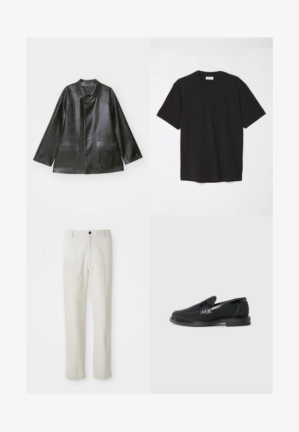 Emporio Armani CABAN - Kunstlederjacke - lavagna; Schwarzes Baumwoll-T-Shirt mit Rundhalsausschnitt, kurzen Ärmeln und lockerer Passform. Einfaches Design, glatte Textur und keine sichtbaren Muster oder Logos.; Beige gerade geschnittene Hose mit Gürtelschlaufen, vorderem Knopf und Reißverschluss, flach auf einem weißen Hintergrund präsentiert.; Schwarzer geflochtener Slipper mit einem glatten Lederakzent im Obermaterial, einem runden Zehendesign und einer flachen Gummisohle.