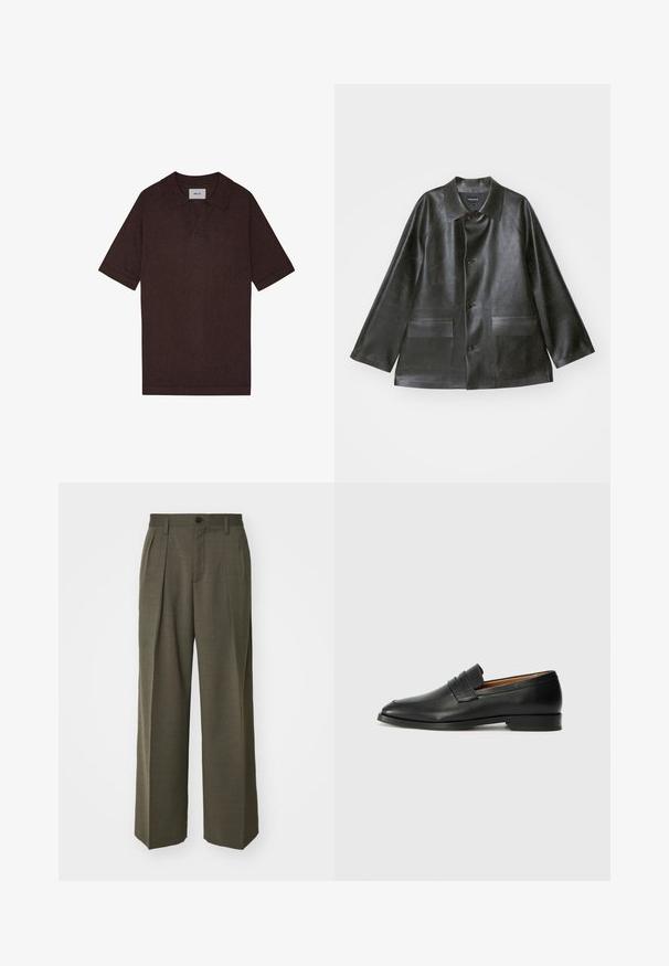 Emporio Armani CABAN - Imitatieleren jas - lavagna; Bruine polo gemaakt van gestructureerde stof, met een puntig kraag en korte mouwen. Het label toont "NN. 07" bij de hals.; Filippa K WIDE TROUSERS - Broek - driftwood; Zwarte leren instapper met een ronde neus, subtiele stikdetails en een lage hak, met een gladde textuur en een minimalistisch ontwerp.