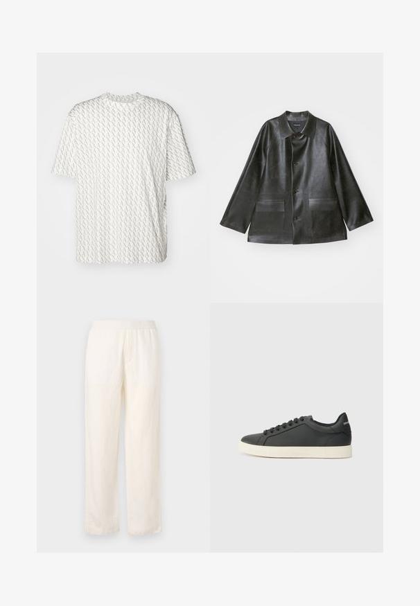 Emporio Armani CABAN - Dirbtinės odos striukė - lavagna; Balta marškinėliai su kartojančiu pilku "A" raštu, trumpomis rankovėmis, apvaliu iškirpimu ir laisvu sijonu. Pagaminti iš minkštos medžiagos.; Lengvi, grietinėlės spalvos kelnių modelis su elastinga juosmens juosta, tiesiomis kojomis ir subtilia tekstūra. Nėra matomų kišenių.; Juodos odinės sportinės bateliai su žemu profiliu, apvaliu pirštu ir raištelių uždarymu; turi tekstūruotą guminį padą ir logotipo detalę ant kulno.