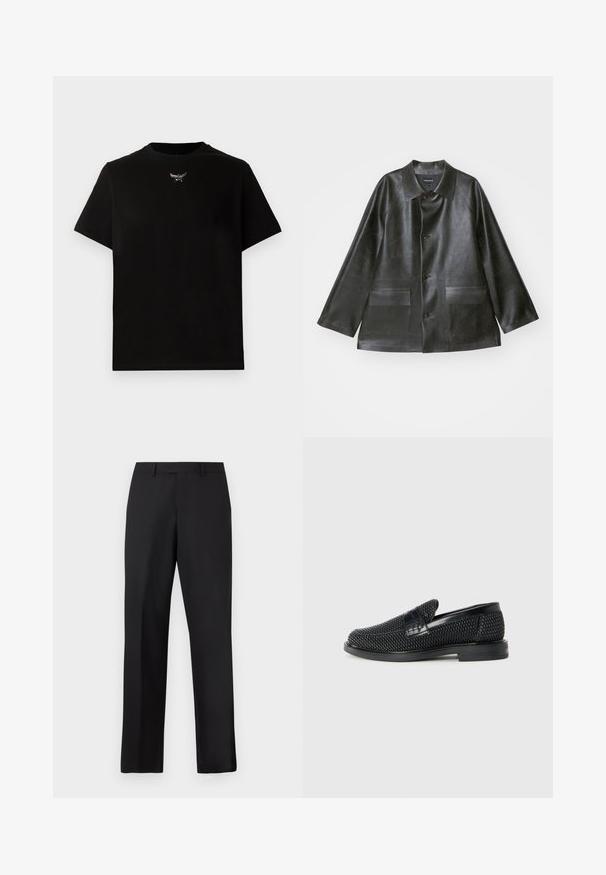 Emporio Armani CABAN - Műbőr dzseki - lavagna; Fekete pamut póló rövid ujjakkal, kerek nyakkivágással és ezüst logóval a mellrészen. Simaság jellemzi és laza fazonban készült.; Fekete, egyenes szárú nadrág sima anyagból. Standard derékpánttal rendelkezik, és nincsenek látható minták vagy díszítések.; Fekete szőtt slip-on cipő sima bőr díszítéssel a felsőrészen, kerek orral és alacsony profilos gumitalppal.