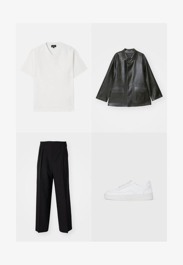 Emporio Armani CABAN - Μπουφάν από συνθετικό δέρμα - lavagna; Λευκή κοντομάνικη μπλούζα V με υφή από κλωστοϋφαντουργικό υλικό που έχει έναν διακριτικό σχεδιασμό. Διαθέτει ένα μικρό λογότυπο στο στήθος.; Μαύροι πιέτες παντελόνια με ίσια, φαρδιά γραμμή. Κατασκευασμένα από λείο ύφασμα, με κλείσιμο με κουμπί και θηλιές για ζώνη.; Λευκό χαμηλό sneaker με κορδόνια μπροστά, λείο ύφασμα και καουτσούκ σόλα σε απλό ανοιχτό φόντο.