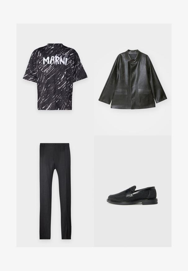 Emporio Armani CABAN - Μπουφάν από συνθετικό δέρμα - lavagna; Marni Μπλουζάκι με στάμπα - black; Emporio Armani TROUSER - Παντελόνι - nero; Μαύρο πλεκτό παπούτσι slip-on με λείο δερμάτινο στοιχείο στο άνω μέρος, στρογγυλή μύτη και χαμηλό καουτσούκ πάτο.