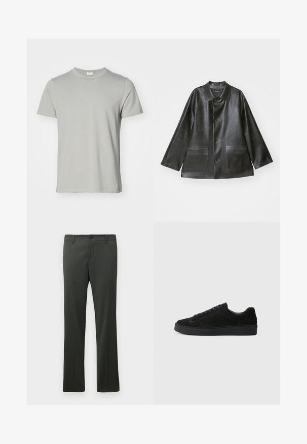 Emporio Armani CABAN - Giacca in similpelle - lavagna; T-shirt a maniche corte in cotone grigio chiaro con scollo rotondo e orlo diritto. Tessuto liscio, senza motivi o hardware visibili.; Pantaloni formali verde scuro con passanti per cintura, chiusura frontale con bottone e gamba dritta.; Sneaker in suede nera con suola piatta e testurizzata, punta arrotondata, sei occhielli per lacci e design minimalista.