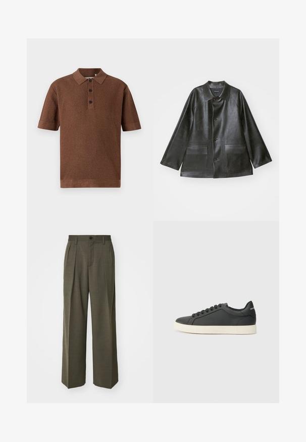 Emporio Armani CABAN - Mākslīgās ādas jaka - lavagna; Brūns adīts polo krekls ar teksturētu rakstu, īsām piedurknēm, trīs pogu aizdari un ribotu apkakli un apakšmalu.; Filippa K WIDE TROUSERS - Auduma bikses - driftwood; Melna ādas kedas ar zemu profilu, noapaļotu purngalu un savelkamu aizdari; ar teksturētu gumijas zoli un logotipa detaļu uz papēža.