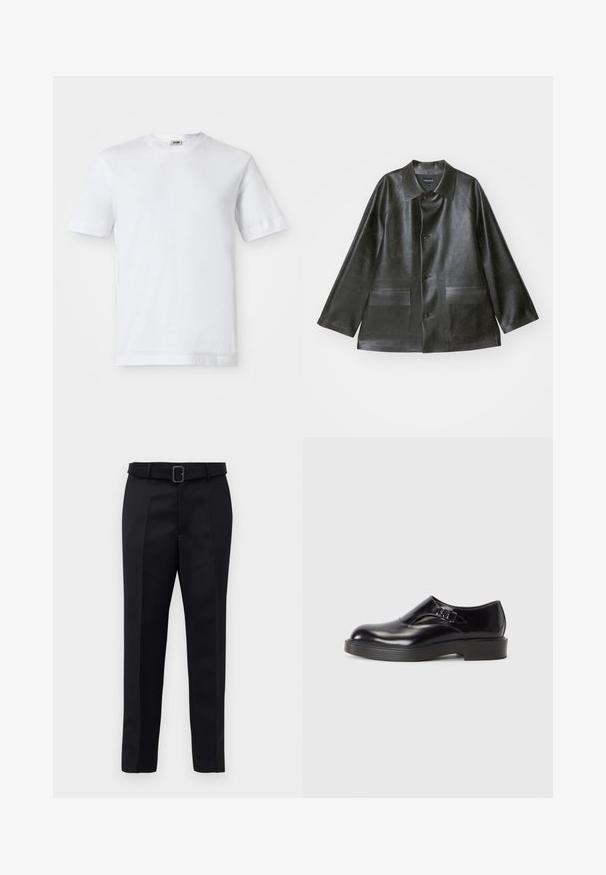 Emporio Armani CABAN - Giacca in similpelle - lavagna; T-shirt bianco in cotone con maniche corte, scollatura rotonda e una texture liscia. Non sono visibili motivi o accenti.; I pantaloni neri su misura presentano un tessuto liscio, una linea dritta e una vita con cintura dotata di una fibbia rettangolare. Le pieghe frontali notevoli arricchiscono il design.; Scarpa in pelle nera con punta arrotondata, tacco basso nero e una fascia decorativa. Texture liscia con una finitura lucida.