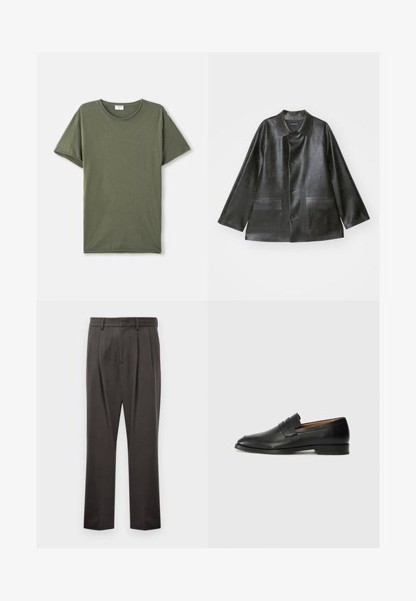 Emporio Armani CABAN - Dirbtinės odos striukė - lavagna; Lygiai išdėstyta alyvuogių žalios spalvos trumpo rankovių apvalia iškirpte marškinėliai ant baltos fono.; Tamsiai pilki kelnės, pagamintos iš tekstūruoto audinio, su plokščiu priekiniu pjūviu, klostėmis, tiesiomis kojomis ir diržo kilputėmis. Matomų metalinių detalių ar raštų nėra.; Juodas odinis loaferis su apvaliu nosiu, subtiliomis siuvimo detalėmis ir žemu kulnu, pasižymintis lygia tekstūra ir minimalistiniu dizainu.