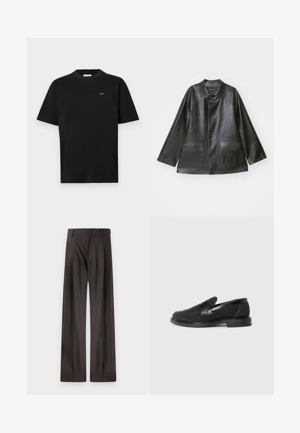 Emporio Armani CABAN - Bunda z nepravej kože - lavagna; Čierne tričko s krátkym rukávom a okrúhlym výstrihom so malým bielym logom "NN. 07" na ľavej hrudi, zobrazené na bielom pozadí.; Široké nohavice z tmavohnedej látky. Majú hladkú štruktúru, pevný pás a jemné predné skladania.; Čierne tkané slip-on topánky s hladkým koženým akcentom na vrchnej časti, s okrúlym dizajnom špičky a nízkoprofilovou gumovou podrážkou.