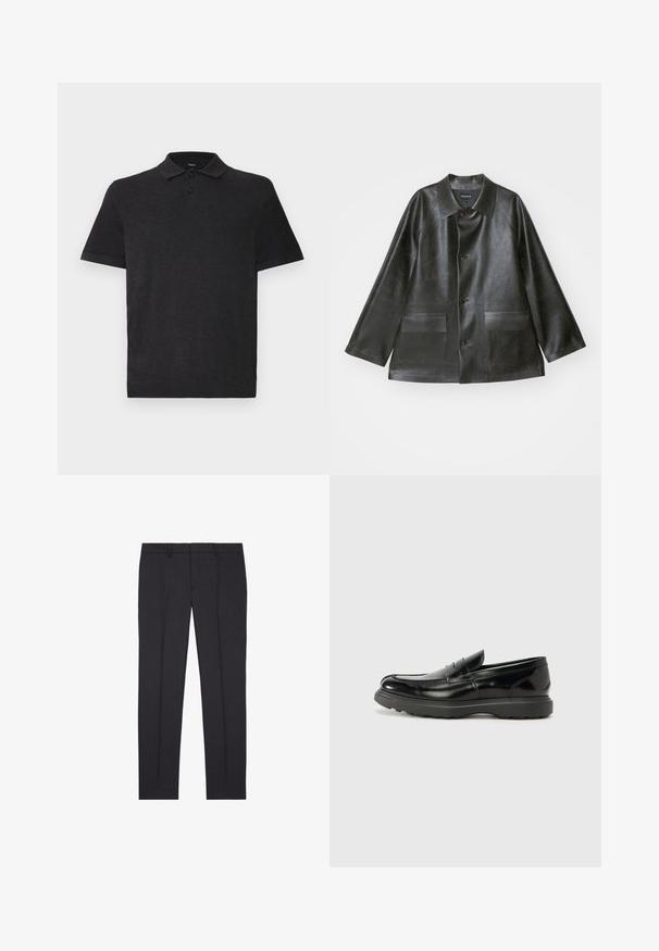 Emporio Armani CABAN - Műbőr dzseki - lavagna; Fekete pólóing sima anyagból, klasszikus gallérral és három gombos gallérrel. Rövid ujjakkal, laza illeszkedéssel.; The Kooples Öltönynadrág - black; Fekete bőr loafer, fényes felülettel, kerek orral, diszkrét varrási részletekkel és vastag gumitalppal a tartósság érdekében.