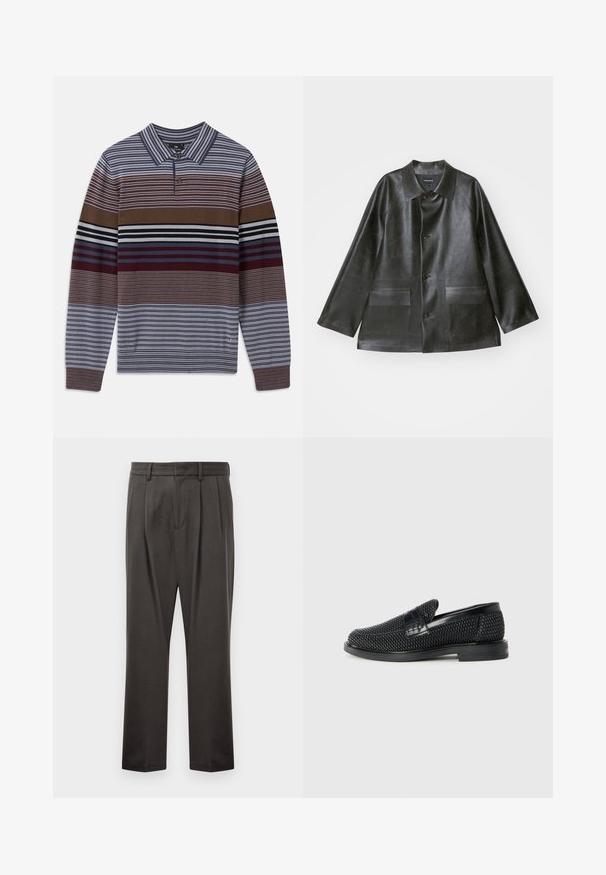 Emporio Armani CABAN - Műbőr dzseki - lavagna; Hosszú ujjú pulóver váltakozó kék, barna és bordó csíkokkal, gallérral és egyetlen gombos záródással. Texturált kötött anyag.; Sötét szürke nadrág, textúrált anyagból készült, sima elejű, redőzött, egyenes lábakkal és övhurkokkal. Nincs látható fémalkatrész vagy minta.; Fekete szőtt slip-on cipő sima bőr díszítéssel a felsőrészen, kerek orral és alacsony profilos gumitalppal.