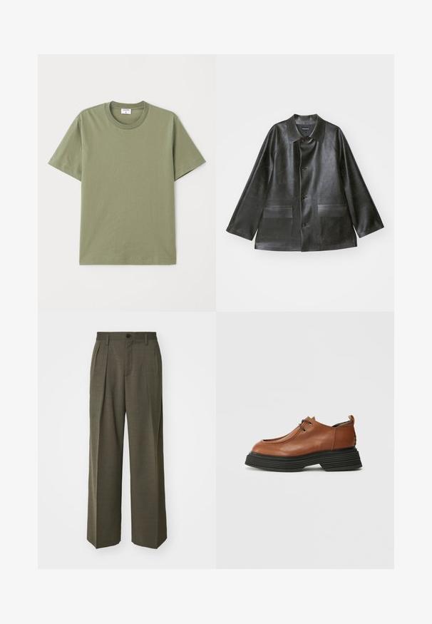 Emporio Armani CABAN - Giacca in similpelle - lavagna; T-shirt a maniche corte verde oliva realizzato in cotone morbido, con scollo rotondo e design semplice e pulito, privo di fantasie o accenti.; Filippa K WIDE TROUSERS - Pantaloni - driftwood; Scarpa in pelle marrone con punta rotonda, design con lacci e suola spessa nera a strati. Famosa per la sua silhouette strutturata e la sua texture.