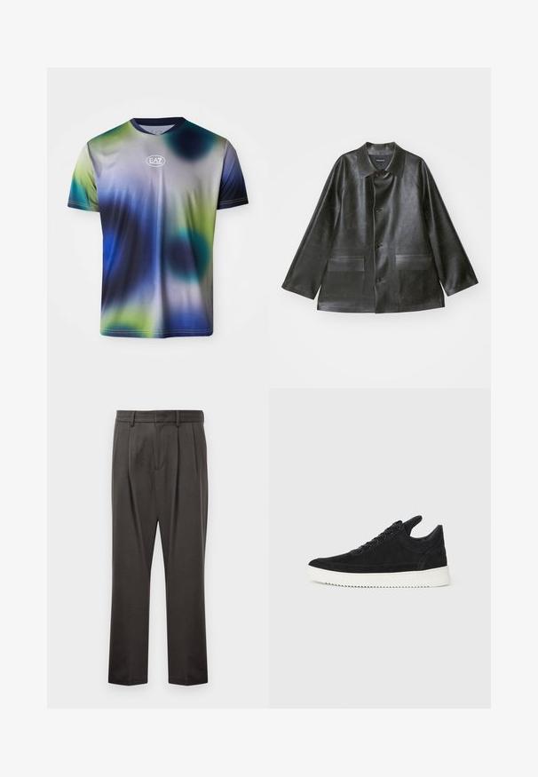 Emporio Armani - Kurtka ze skóry ekologicznej; Męska koszulka z krótkim rękawem w gradientzie niebieskiego, zielonego i szarego. Gładki materiał, okrągły dekolt i logo EA7 na piersi.; Ciemnoszare spodnie wykonane z teksturowanej tkaniny, z prostym przodem, plisami, prostymi nogawkami i pętelkami na pasek. Brak widocznych elementów metalowych lub wzorów.; Czarne zamszowe sneakersy z białą gumową podeszwą, z tonalnym przeszyciem i sznurowanym zapięciem. Gładka tekstura, nowoczesny, smukły kształt.