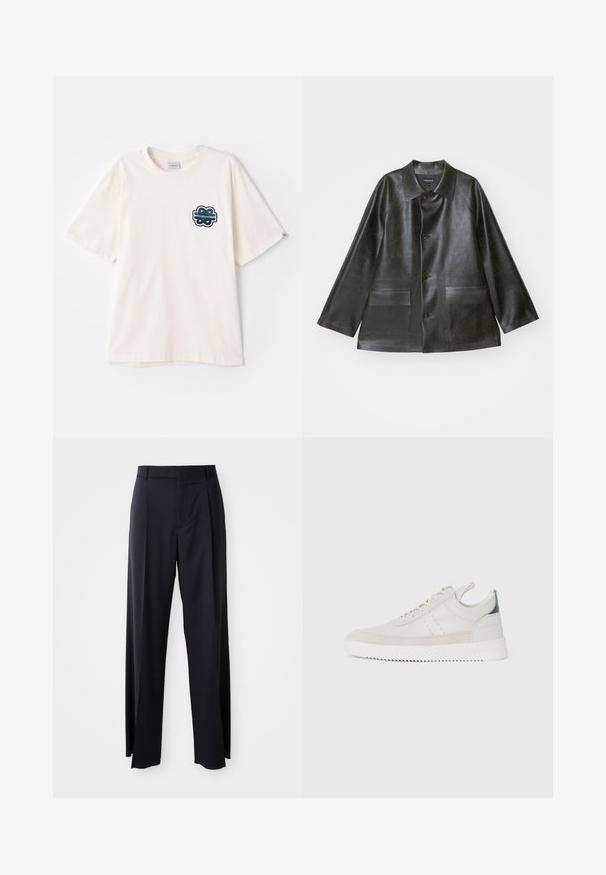 Emporio Armani CABAN - Mākslīgās ādas jaka - lavagna; Krēmkrāsas kokvilnas t-kreklu ar īsām piedurknēm, ar tumši zilu izšūtu logotipu kreisajā krūšu daļā. Gluda tekstūra.; Melnas, augstās vidukļa bikses ar platām kājām, izgatavotas no gludas auduma. Iezīmē priekšējās krokas un jostas cilpas. Minimalistisks dizains, bez redzamām detaļām.; Baltas ādas sporta apavi ar pelēka zamšādas akcentiem, saistoša dizaina, ar vilkšanas cilpu un teksturētu gumijas zoli, kas raksturojas ar zigzag rakstu.