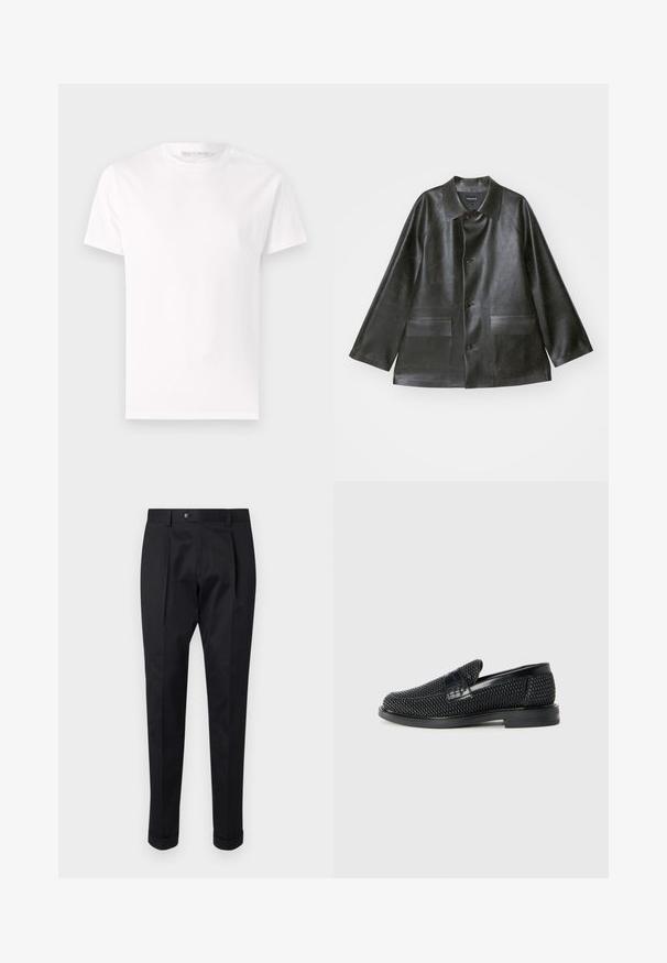 Emporio Armani - Kurtka ze skóry ekologicznej; Biała bawełniana koszulka z krótkim rękawem, okrągłym dekoltem oraz gładką, miękką teksturą. Bez wzorów; prosty design.; Czarne spodnie wykonane z gładkiego materiału, z zakładką z przodu, zapięciem na guzik i podwiniętymi mankietami na kostkach.; Czarny, pleciony but wsuwany z gładkim skórzanym akcentem na cholewce, o okrągłym nosku i niskoprofilowej gumowej podeszwie.