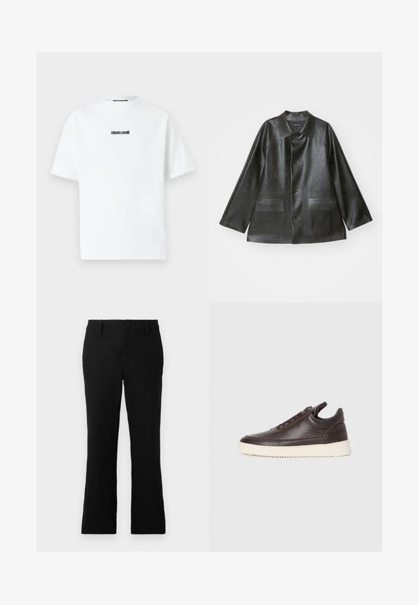 Emporio Armani CABAN - Dirbtinės odos striukė - lavagna; Balta trumpa rankovėmis marškinėliai su apvalia iškirpte ir mažu juodu "roberto cavalli" užrašu centro krūtinėje.; Juodos plačios kelnės, pagamintos iš medvilnės mišinio, su mygtukų uždarymu, diržo kilpomis ir lygia tekstūra be matomų raštų.; Tamsiai rudas tekstūruotas odinis sportbačius su raišteliais ir baltu grioveliu ant gumos pado, pateiktas ant šviesaus fono.