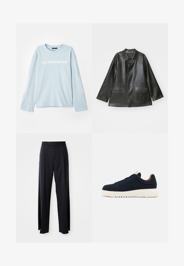 Emporio Armani CABAN - Bunda z nepravej kože - lavagna; Svetlo modré tričko s dlhým rukávom vyrobené z mäkkého materiálu, s bielym logom "J. Lindeberg" na prednej strane a vzorovanými akcentmi na rukávoch.; Čierne, vysoké nohavice so širokým strihom, vyrobené z hladkej látky. Obsahujú predné skladby a pútka na opasok. Minimalistický dizajn, bez viditeľnej kovania.; Námornícky semišový tenisový topánok s bielou gumovou podrážkou, zaoblenou špičkou, šiestimi dierkami na šnúrky a akcentovou detailom na päte.
