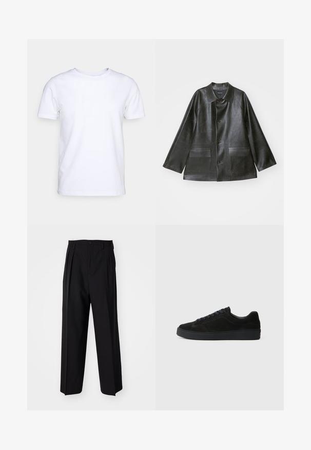 Emporio Armani CABAN - Imitatieleren jas - lavagna; Witte katoenen t-shirt met korte mouwen en een ronde hals. Eenvoudig ontwerp zonder patronen of accenten. Glad textuur.; Zwarte geplooide broeken met een rechte, brede pijpontwerp. Gemaakt van soepele stof, met een knoopsluiting en riemlussen.; Zwarte suède sneakers met een platte, gestructureerde zool, een ronde neus, zes oogjes voor veters en een minimalistisch ontwerp.