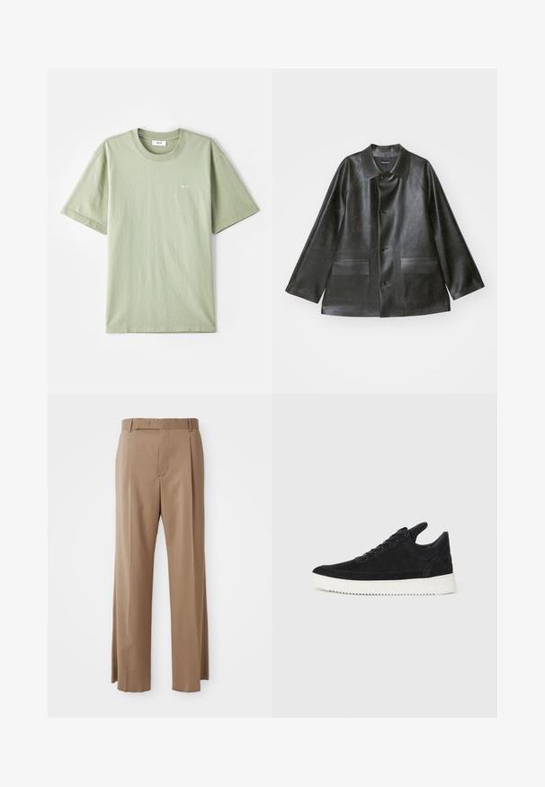 Emporio Armani CABAN - Giacca in similpelle - lavagna; T-shirt in cotone verde chiaro con maniche corte, colletto rotondo e piccolo logo bianco sul petto. Tessuto morbido, vestibilità casual e design minimalista.; Pantaloni su misura di colore marrone chiaro con gambe dritte, passanti per cintura, cucitura anteriore e chiusura nascosta, esposti distesi su uno sfondo bianco.; Sneaker in suede nero con suola in gomma bianca, caratterizzato da cuciture tonali e design con lacci. Texture liscia con una forma moderna e aerodinamica.