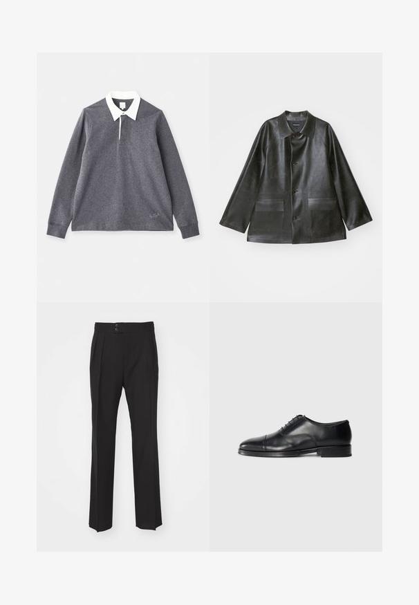 Emporio Armani CABAN - Dirbtinės odos striukė - lavagna; Pilkas ilgomis rankovėmis polo marškinėliai, pagaminti iš medvilnės ir sintetinių pluoštų mišinio, su balta apykakle. Yra mygtukų užsegimas ir siuvinėtas logotipas ant apačios.; Juodi pritaikyti kelnių, turinčių tiesų kojų dizainą, dvi priekinės kišenės ir dvigubą mygtuko užsegimą liemenyje. Lygus audinio paviršius.; Juodos odinės suknios bateliai su apvaliu pirštu, lygia tekstūra, raištelių dizainu ir subtilia siūlų detale, turintys žemą, plokščią kulną.