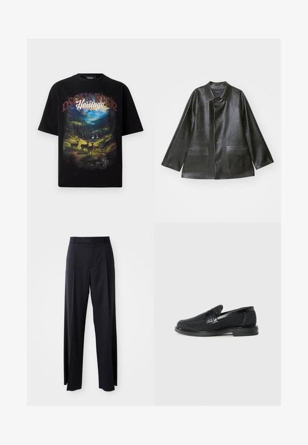 Emporio Armani CABAN - Mākslīgās ādas jaka - lavagna; Melns īsām piedurknēm T-krekls ar krāsainu ainavas grafiku, kurā attēloti staltbrieži, kalni un vārdi "DSQUARED2 Heritage" treknrakstā.; Melnas, augstās vidukļa bikses ar platām kājām, izgatavotas no gludas auduma. Iezīmē priekšējās krokas un jostas cilpas. Minimalistisks dizains, bez redzamām detaļām.; Melnas austas slaidu kurpes ar gludu ādas akcentu augšpusē, apaļas formas purngalu un zemas profila gumijas zoli.