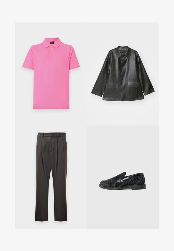 Emporio Armani CABAN - Faux leather jacket - lavagna; Pink polo shirt with a classic collar, short sleeves, three-button placket, and smooth texture, made from breathable cotton fabric.; Dark gray trousers made from textured fabric, featuring a flat front, pleats, straight legs, and belt loops. No visible hardware or patterns.; Black woven slip-on shoe with a smooth leather accent on the upper, a round toe design, and a low-profile rubber sole.