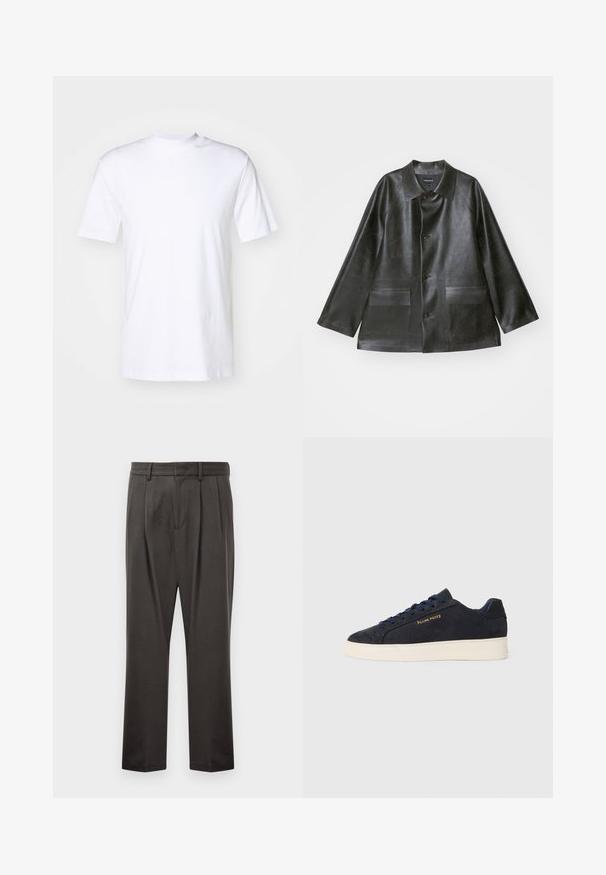 Emporio Armani CABAN - Keinonahkatakki - lavagna; Valkoinen lyhythihainen T-paita, joka on valmistettu puuvillasta. Paidassa on pyöreä kaula-aukko ja suora helma. Pinta on sileä, eikä siinä ole näkyviä kuvioita tai koristeita.; Tummanharmaat housut, jotka on valmistettu teksturoidusta kankaasta. Housuissa on litteä etuosa, laskokset, suorat lahkeet ja vyölenkit. Ei näkyviä metalliosia tai kuvioita.; Navy sinivuori matalavartiset tennarit valkoisella pohjalla, laivastonsiniset nauhat ja "Filling Pieces" -logo kullassa sivussa.