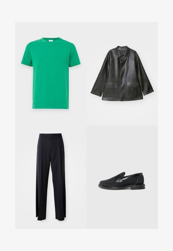 Emporio Armani CABAN - Imiteret læderjakke - lavagna; Grøn bomulds t-shirt med korte ærmer, rund halsudskæring og en glat tekstur. Enkel design uden mønstre eller dekorationer.; Sorte, højtaljede bukser med vide ben, lavet af glat stof. Har frontfolder og bæltestropper. Minimalistisk design, ingen synlige hårde detaljer.; Sort vævet slip-on sko med en glat læderdetalje på overdelen, en rund tådesign og en lavprofil gummisål.