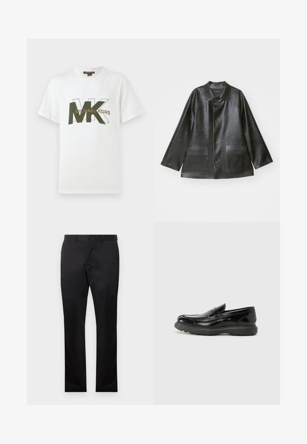 Emporio Armani CABAN - Faux leather jacket - lavagna; White short-sleeve T-shirt with overlapping green and outlined MK letters and "MICHAEL KORS" text across the chest.; Black cotton trousers with a straight leg design, featuring a front button closure and side pockets, smooth texture, no visible patterns.; Black leather loafer with a glossy finish, rounded toe, subtle stitching details, and a thick rubber sole for durability.