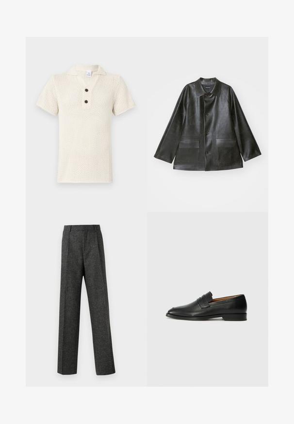 Emporio Armani CABAN - Kunstnahast jakk - lavagna; Kudumis polo-särk heleses värvitoonis, millel on tekstuuriline muster, lühikesed varrukad ja kolme nööbiga plakee, kus on kontrastiks mustad nööbid.; Hallidehased hallid püksid tekstureeritud kangast, millel on kaks eesmist voldi ja sirge sääre disain. Pole nähtavaid taskuid ega kaunistusi.; Must musta loafers ümarate varvastega, peene tikandiga ja madala kontsaga, millel on sile tekstuur ja minimalistlik disain.