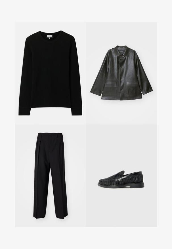 Emporio Armani CABAN - Faux leather jacket - lavagna; Black long-sleeve ribbed knit shirt with crew neck, labeled Paul & Joe Paris, size medium, displayed on a white background.; Black pleated trousers with a straight, wide-leg design. Made from smooth fabric, featuring a button closure and belt loops.; Black woven slip-on shoe with a smooth leather accent on the upper, a round toe design, and a low-profile rubber sole.