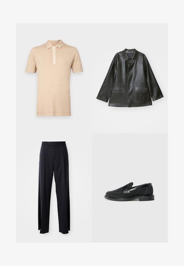 Emporio Armani CABAN - Mākslīgās ādas jaka - lavagna; Bēša polo krekls ar īsām piedurknēm, trīs pogu plāksne un teksturēts auduma apdare. Ikdienas dizains ar klasisku apkakli.; Melnas, augstās vidukļa bikses ar platām kājām, izgatavotas no gludas auduma. Iezīmē priekšējās krokas un jostas cilpas. Minimalistisks dizains, bez redzamām detaļām.; Melnas austas slaidu kurpes ar gludu ādas akcentu augšpusē, apaļas formas purngalu un zemas profila gumijas zoli.