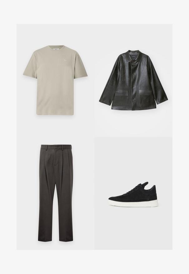 Emporio Armani CABAN - Mākslīgās ādas jaka - lavagna; Gai bēškrāsas kokvilnas T-krekls ar īsām piedurknēm, apaļu kakla izgriezumu un mazu drukātu logotipu kreisajā krūšu daļā. Mīksta, gluda tekstūra.; Tumši pelēki bikses, izgatavotas no teksturēta auduma, ar taisnu priekšpusi, krokojumu, taisnām kājām un jostu cilpām. Nav redzamu metālu detaļu vai rakstu.; Melna zamša apavi ar baltu gumijas zoli, ar tonālu izšuvumu un auklu dizainu. Gluda tekstūra ar mūsdienīgu, plūstošu formu.