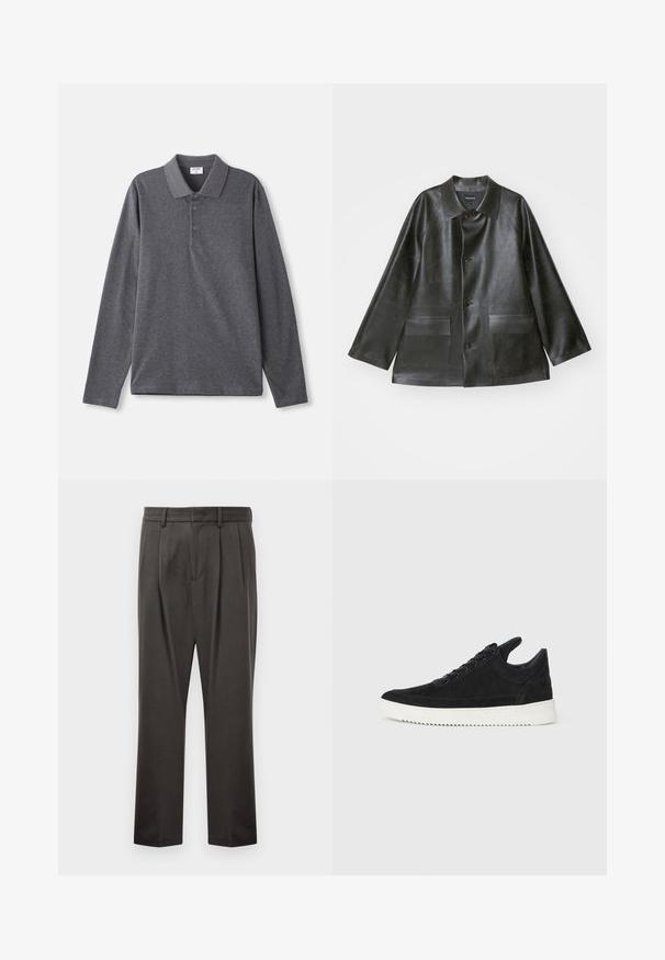 Emporio Armani CABAN - Dirbtinės odos striukė - lavagna; Tamsiai pilkos spalvos medvilnės polo marškiniai ilgomis rankovėmis, su klasikiniais apykaklės, trimis mygtukais ir laisvu siluetu. Lygi tekstūra.; Tamsiai pilki kelnės, pagamintos iš tekstūruoto audinio, su plokščiu priekiniu pjūviu, klostėmis, tiesiomis kojomis ir diržo kilputėmis. Matomų metalinių detalių ar raštų nėra.; Juodų suede sportbačių su balta gumine padu, su toniniais siuvinėjimais ir raištelių užsegimu. Sklandus paviršius su šiuolaikine, laiko forma.