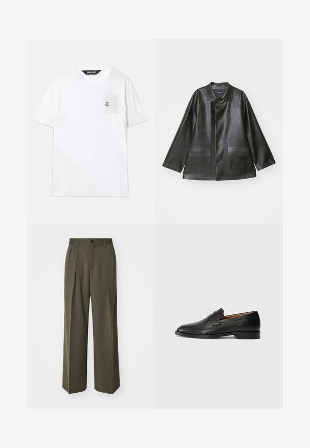 Emporio Armani CABAN - Dirbtinės odos striukė - lavagna; Balta medvilninė marškinėliai trumpomis rankovėmis, apvali iškirptė, maža krūtinės kišenė ir siuvinėtas logotipo akcentas kišenėje.; Filippa K WIDE TROUSERS - Kelnės - driftwood; Juodas odinis loaferis su apvaliu nosiu, subtiliomis siuvimo detalėmis ir žemu kulnu, pasižymintis lygia tekstūra ir minimalistiniu dizainu.