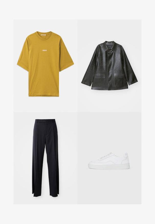 Emporio Armani CABAN - Bunda z umělé kůže - lavagna; Hořčicově žluté bavlněné tričko s kulatým výstřihem, krátkými rukávy a malou obdélníkovou etiketou se jménem značky v červené barvě.; Černé kalhoty s vysokým pasem a širokým střihem, vyrobené z hladké látky. Mají přední sklady a poutka na opasek. Minimalistický design, bez viditelného kovového hardwaru.; Bílé nízké tenisky s šněrováním, hladkým svrškem a gumovou podrážkou na jednobarevném světlém pozadí.